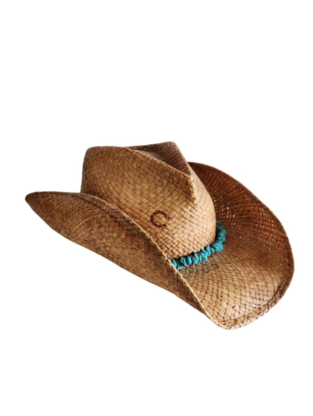 Charlie 1 Horse Tulum Cowgirl Hat Brown Straw Wide Brim Turquoise Band Sz Lg